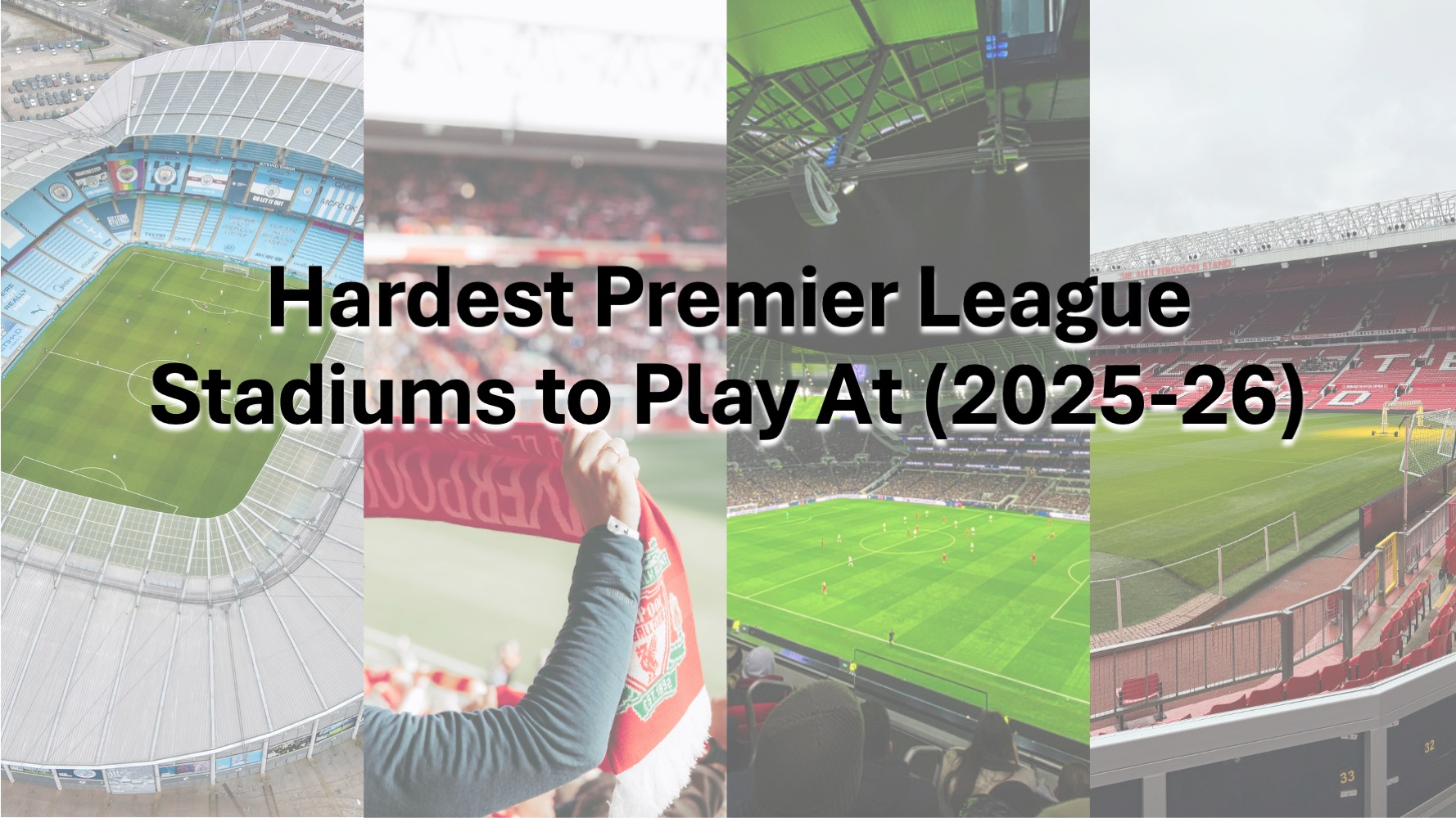 The article title "Hardest Premier League Stadiums to Play At (2025-26)" is overlay images of the Etihad Stadium, Anfield, Tottenham Hotspur Stadium and Old Trafford.