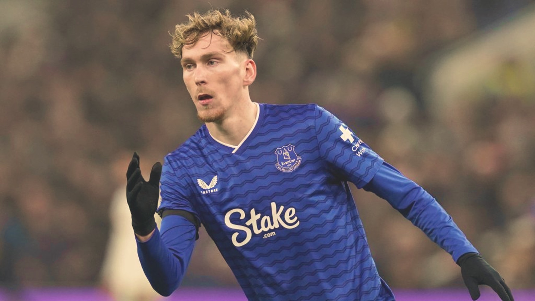 James Garner playing for Everton in the Premier League season.